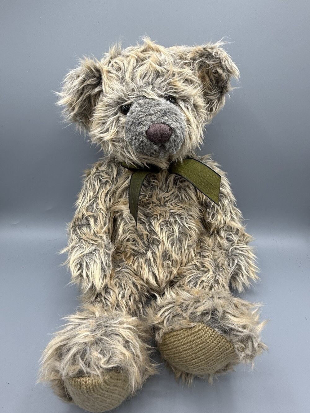 Ashton-Drake Galleries Shaggy Teddy Bear Plush Green Ribbon 14” Brown Tan 2005